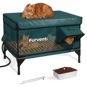 All-Weather Indestructible Heated Cat House for Winter – 100% Waterproof, with One-Way Safety Escape Door, Fully Insulated, Elevated Legs to Keep Rain Out, and Bite-Proof Heater Wire. Perfect for Feral Cats & Kittens.