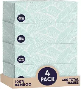 Save Trees Bamboo Facial Tissues - 4 Boxes of Eco-Friendly 3-Ply Hypoallergenic Tissues 90 Sheets per Box FSC Certified Plastic-Free Soft Gentle for Home Use Toilet Towels Napkin
