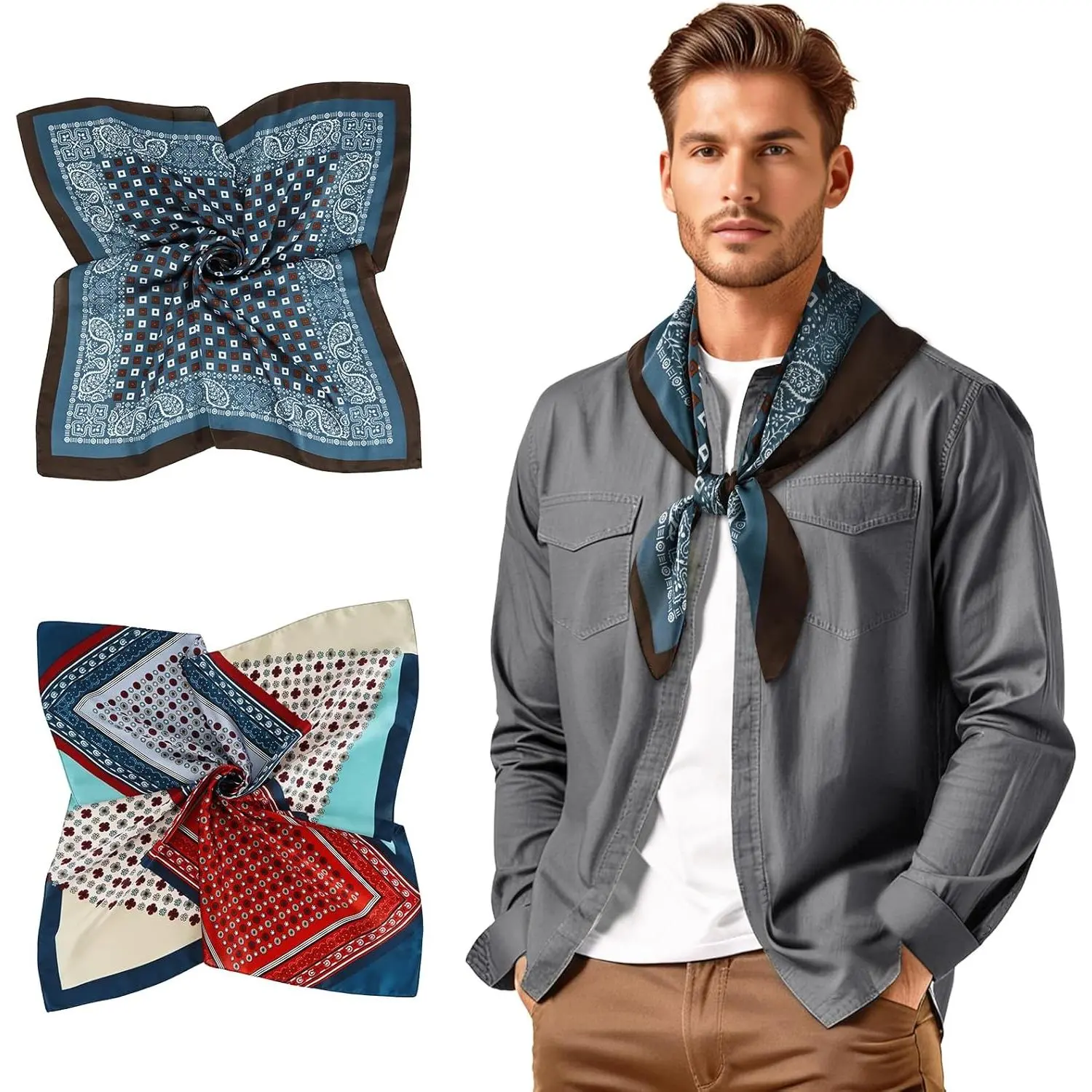 Mens Silk Feel Scarf 2 Pack, 27 Inch Neckerchief Ascot, Novelty Head Bandana Wrap