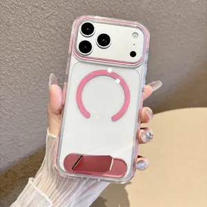 Transparent magnetic phone case, metal bracket, shockproof and drop-proof, suitable for iPhone17 16151413ProMax, silicone magnetic phone case, military-grade anti-drop, compatible with MagSafe, suitable for boys and girls