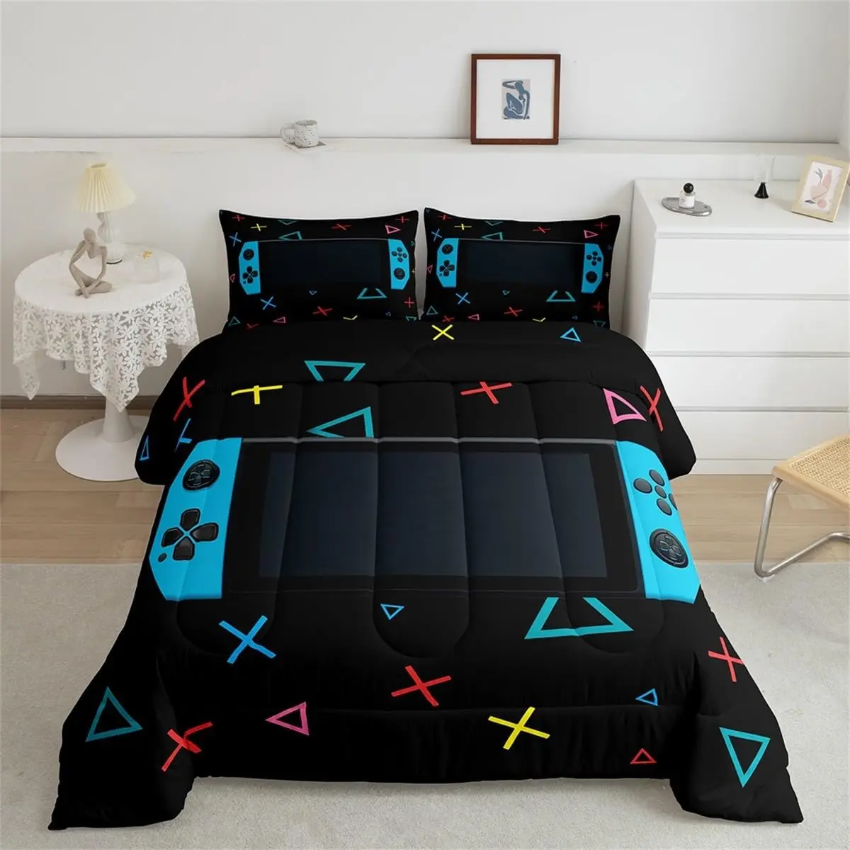 Gamer Comforter Set Bedroom Gaming Bedding Set Video Game Comforter Home Decor Curtain Geometric Triangle Circle Quilted Duvet Set Colorful