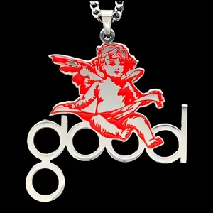 Red GOOD Music Necklace 2" Mirror Polished Yeezus Pendant Stainless Steel Hypoallergenic Enamel Angel Charm Chain Free Gift Included