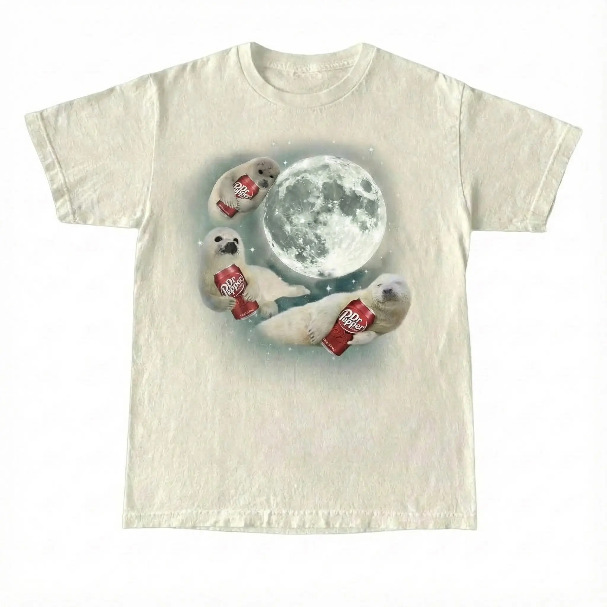 Funny Three Seal Moon Shirt, Cute Animal Graphic Tee, Dr pepper Seal Shirt, Surreal Aesthetic Unisex T Shirt Streetwear Top Shortsleeve