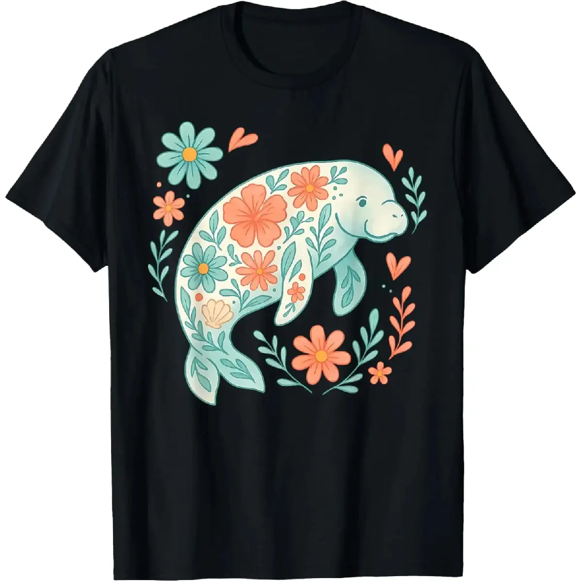 Men's Boho Tshirt - 100% Cotton Breathable Casual Fabric, Floral Manatee Graphic, Short Sleeve Crewneck Comfy Top for Summer Beach, Shortsleeve, Soft, Round Neck, T-Shirt, Classic, Menswear, Relaxed Fit, Floral Print, Crew Neck, Short Sleeve Tee, Loose-Fi