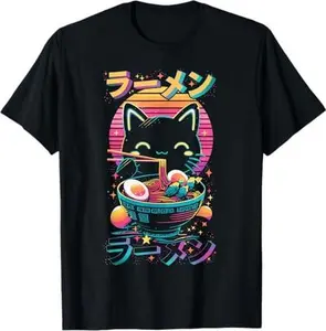 Anime Cat Eating Ramen Japanese Ramen Cat Japan Unisex Anime T-Shirt Black Small