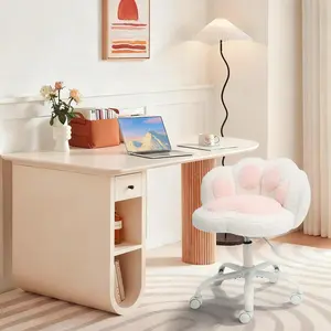 Vanity Chair with Cat Paw Back,Armless Desk Chair Cute Small Office Chair with Wheels,Teddy Fabric 360°Rotating Computer Chair,Adjustable Height for Vanity,Kids Room,Office,Bedroom,White/Black