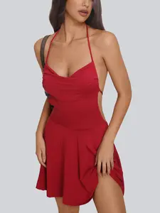 Women's Solid Spaghetti-Strap Draped Neck Ruffle Back Skater Dress Sexy Vacation & Party Wear for Beach Holidays & Summer Getaways