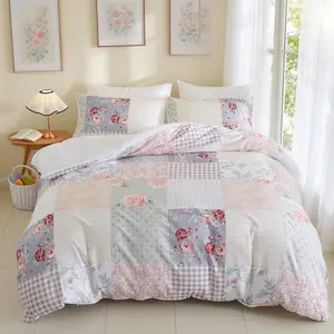 Three-Piece Polyester Quilt Cover Set, Rose Patchwork Print Bedding, Soft Comfortable Sheets, Bedroom & Guest Room Use, All Seasons
