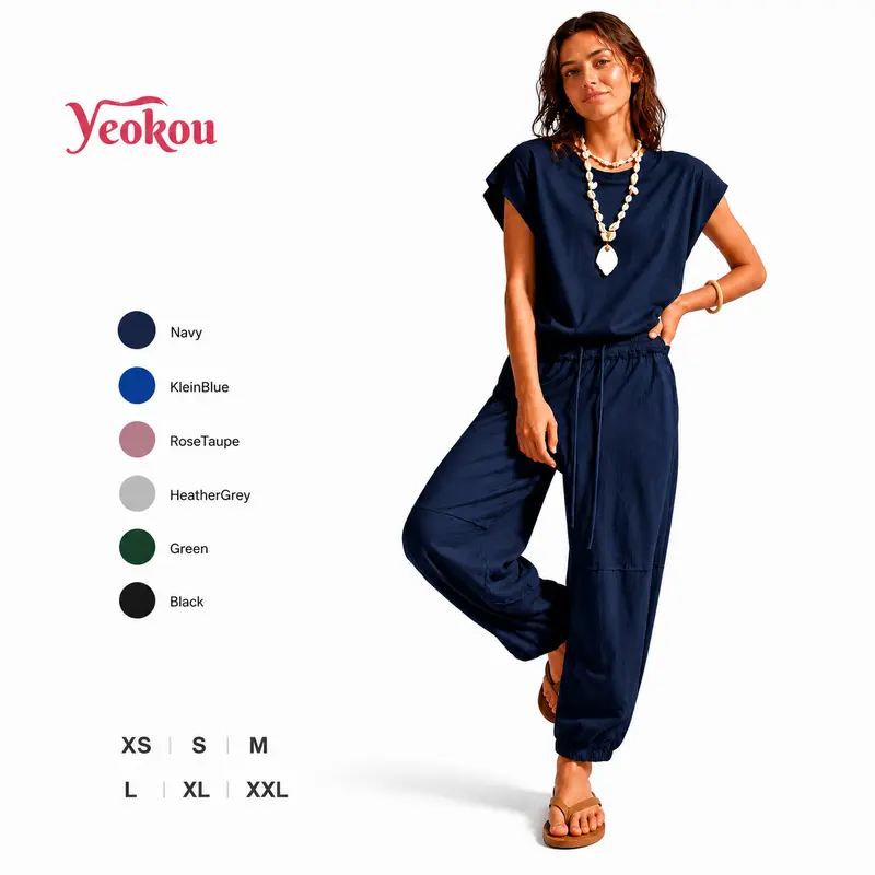 Yeokou Women's Soft Comfortable Lightweight Cotton Casual Overalls - Crewneck, Cap Sleeve, Drawstring Waist, Everyday Jumpsuit with Pockets