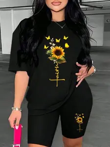 Women's 2-Piece Set, Butterfly & Sunflower Print Round Neck Short Sleeve T-Shirt and Shorts, Fitted, Casual, Above Knee, Summer Fashion, Womenswear