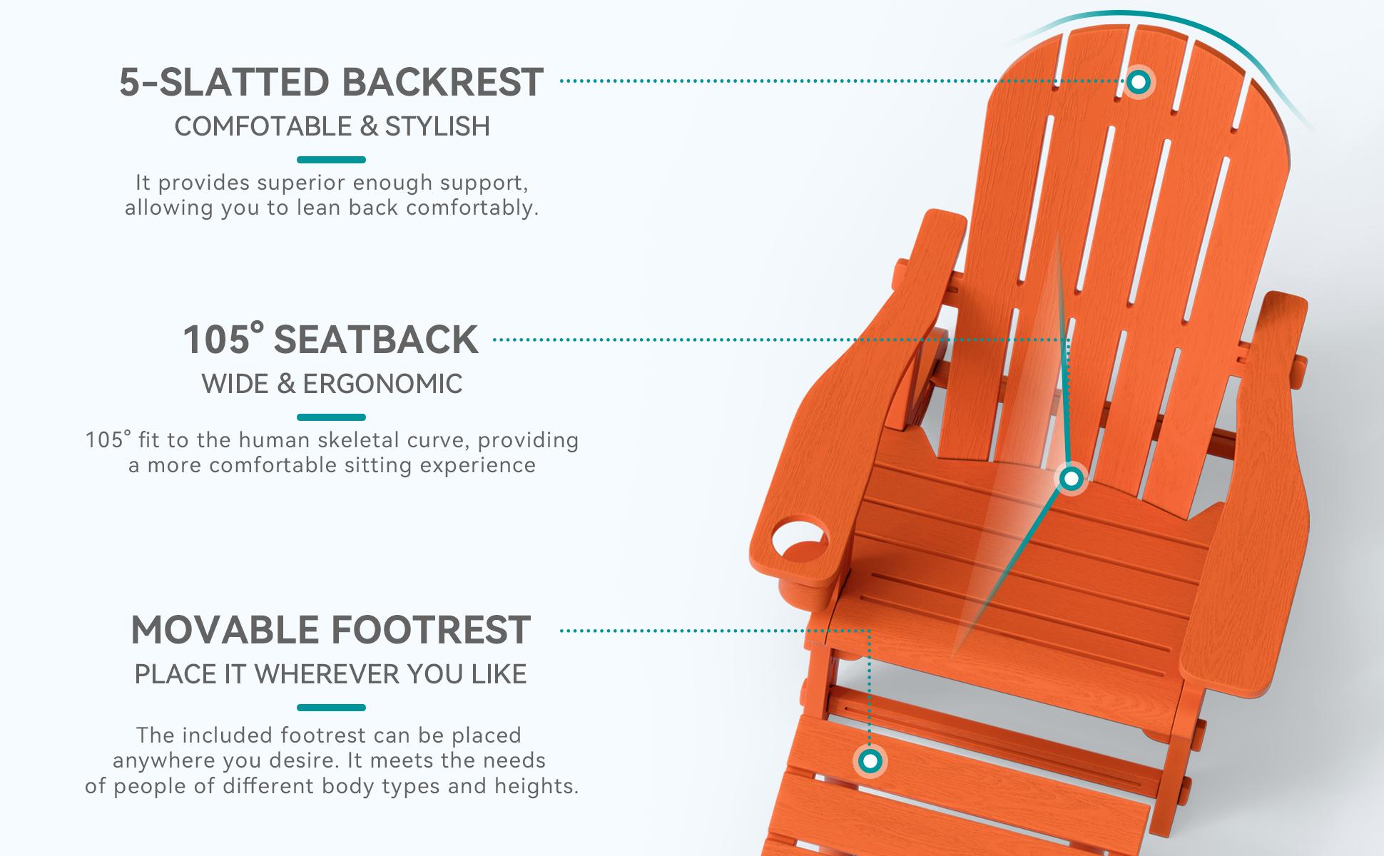 Walsunny Folding Adirondack Chair Set of 5 with Retractable Ottoman Fire Pit Patio Chair with Pull-Out Foot Rest Weather-Resistant Lawn Outdoor Chair with 2 Cup Holders