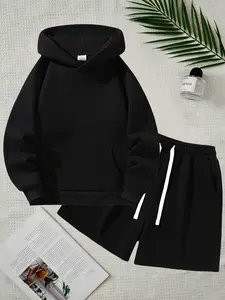Men's Casual Solid Color Sportswear Set, Hooded Sweatshirt & Shorts, Unisex Two-Piece Homewear, Suitable for Daily Wear and Outdoor Activities, Workout Sets