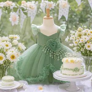 2291 Children's girls' printed tassel lace design dress formal dress summer clothing dress printed suspender dress summer princess newborn girl formal dress