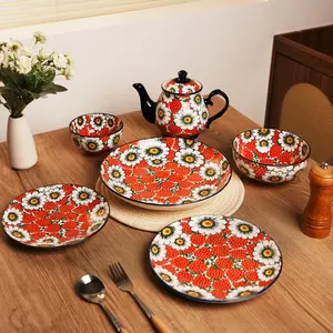 Bohemian Ceramic Dinnerware Set, Vintage Strawberry Glazed Bowls & Plates, Tableware Set, Microwave Oven Safe, Dishwasher Friendly, Christmas Gift