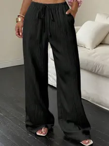 New Women's Textured Fabric Wide Leg Pants with Drawstring and Pockets, Casual Long Trousers for Commuting, Stylish Ladies' Fashion