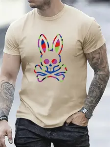 🔥Unisex Black Graphic Round Neck T-Shirt - Colorful Bunny Skull & Crossbones Print, Edgy Street Style, Casual Wear for Trendsetters & Punk Fans. #EdgyFashion #StreetwearTee #ColorfulPrint #PunkStyle Grab This Unique Menswear Piece for Bold Look