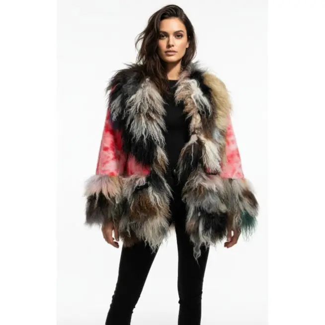 Bohemian Rhapsody Patchwork Faux Fur Jacket Tie-Dye Pink & White Body Multi-Textured Earthy Trim One Size Fits Most Luxurious Blend Softness Warmth