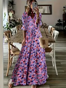 Loose Abstract Print Maxi Dress, Half Sleeve, V Neck, Drawstring Waist, Tiered Ruffle Hem, Casual Vacation Outfits, Non-Fitted Silhouette