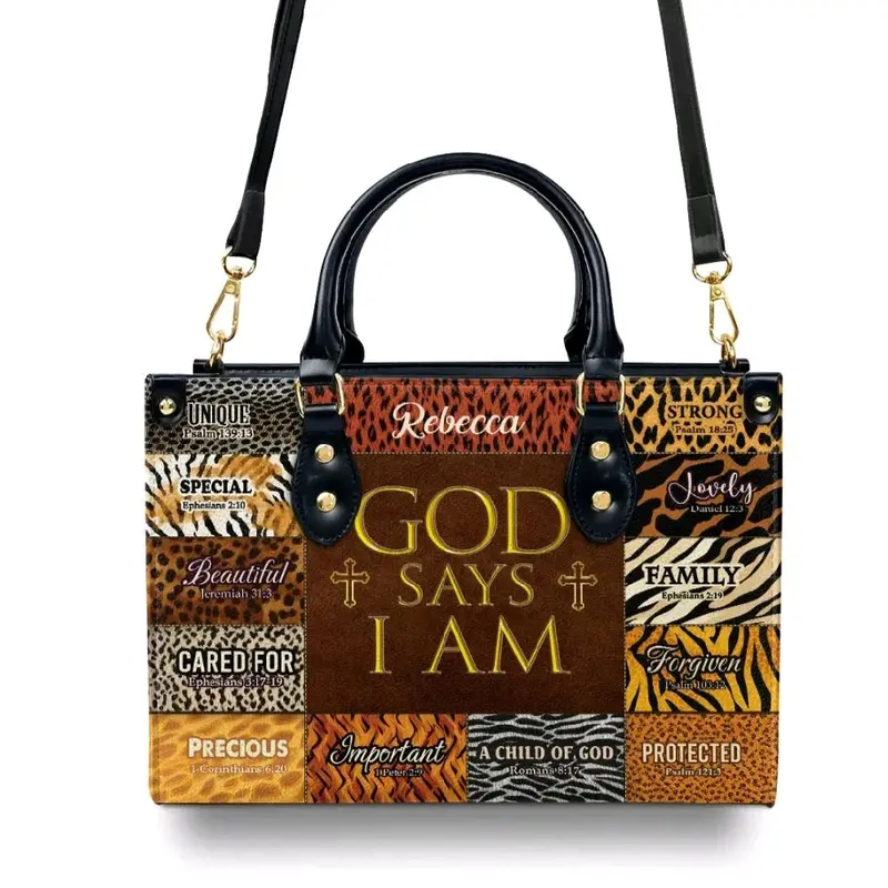 Unique Personalized Leather Handbag Rebecca God Says I Am Christian Inspirational Bible Verse Design Cross Accent Animal Prints