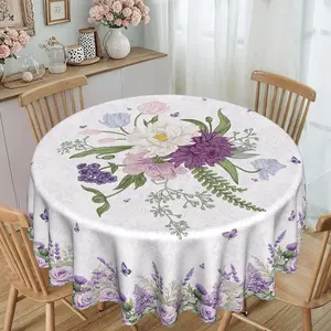 1pc Classic-Style Round Tablecloth featuring Purple Floral and Butterfly Prints — 2D Flat Design, crafted from 120g/m² Twill Polyester. A protective cover for furniture, ideal as a decorative accent for parties and gatherings, for enhancing tabletop ambia