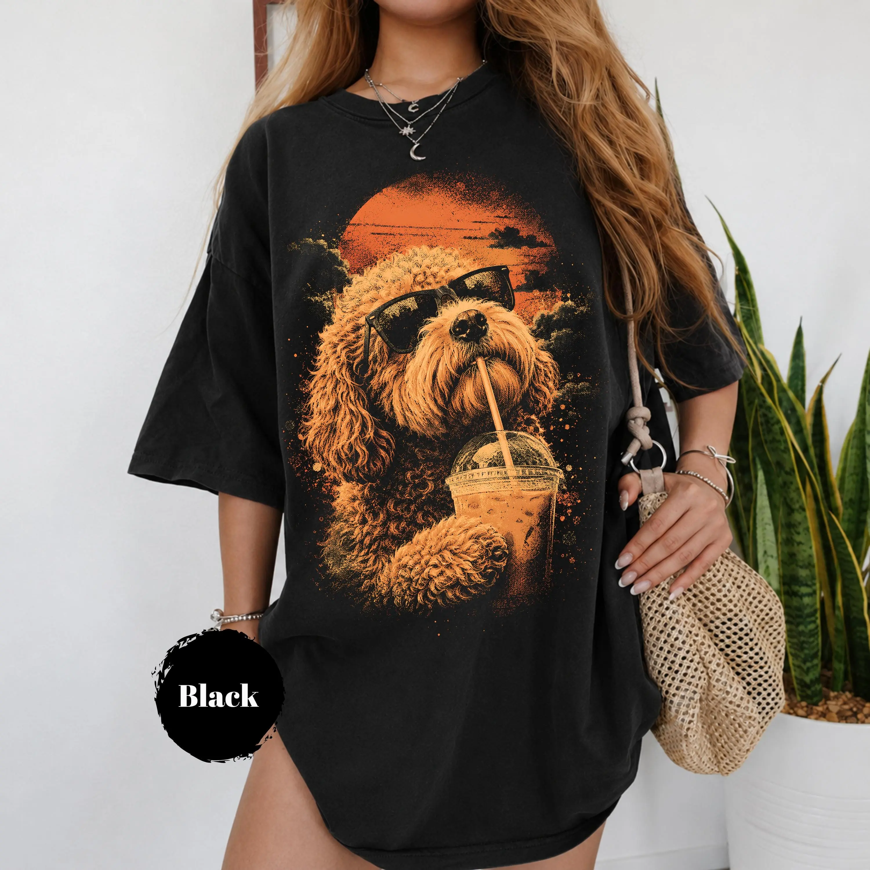 Comfort Colors Labradoodle Graphic Shirt, Cute Doodle Drinking Iced Coffee Tee