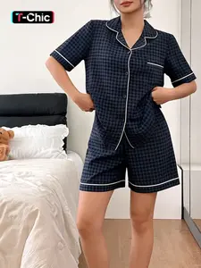 Women's Sleepwear Set Two-Piece, Fashion Plaid Full Print Short Sleeve Button Front Top and Casual Elastic Shorts, Comfortable Home Wear, Pajama Set, Pjs