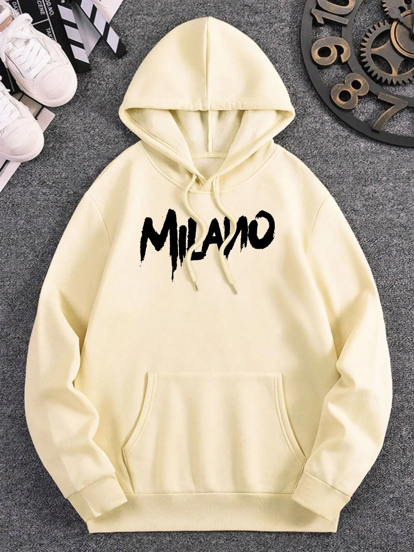 Men's Oversize Abstract Art Pullover Hoodie - Longsleeves Menswear, Baggy Casual Tops with Creative Typography-Numerals Fusion Pattern, Decoration for Expressive Streetwear Look