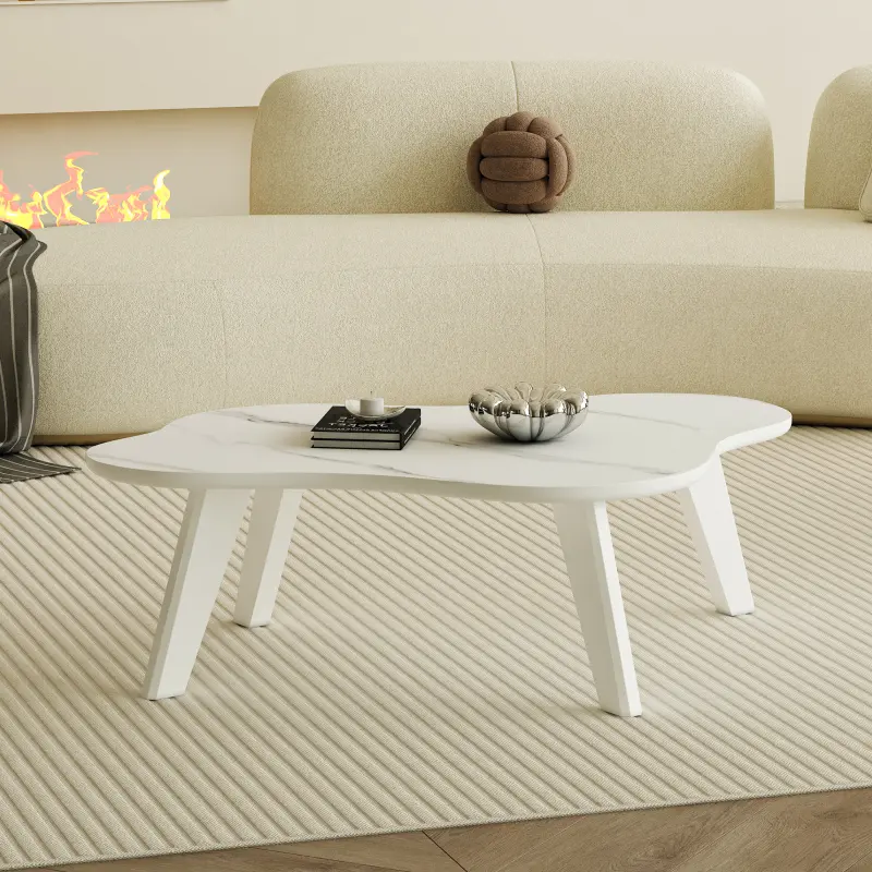 Nordic Style Cloud Shaped Coffee Table - Modern Minimalist White Imitation Marble MDF Panel, Solid Wood Legs, Assembly Required, 47.20x34.20x14.00in, Indoor Furniture for Clean and Tidy Feeling