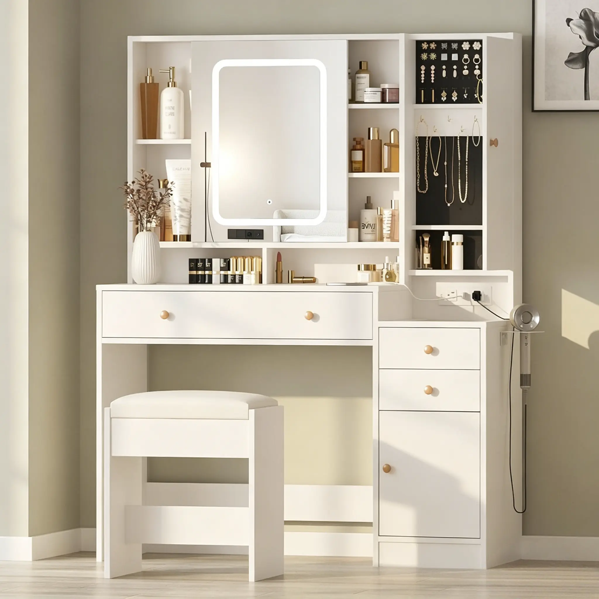 [Summergarden] Vabches Makeup Vanity Desk with Mirror and Lights, Vanity Table with Charging Station, Storage Drawers and Shelves, Modern Black Vanity Desk for Bedroom