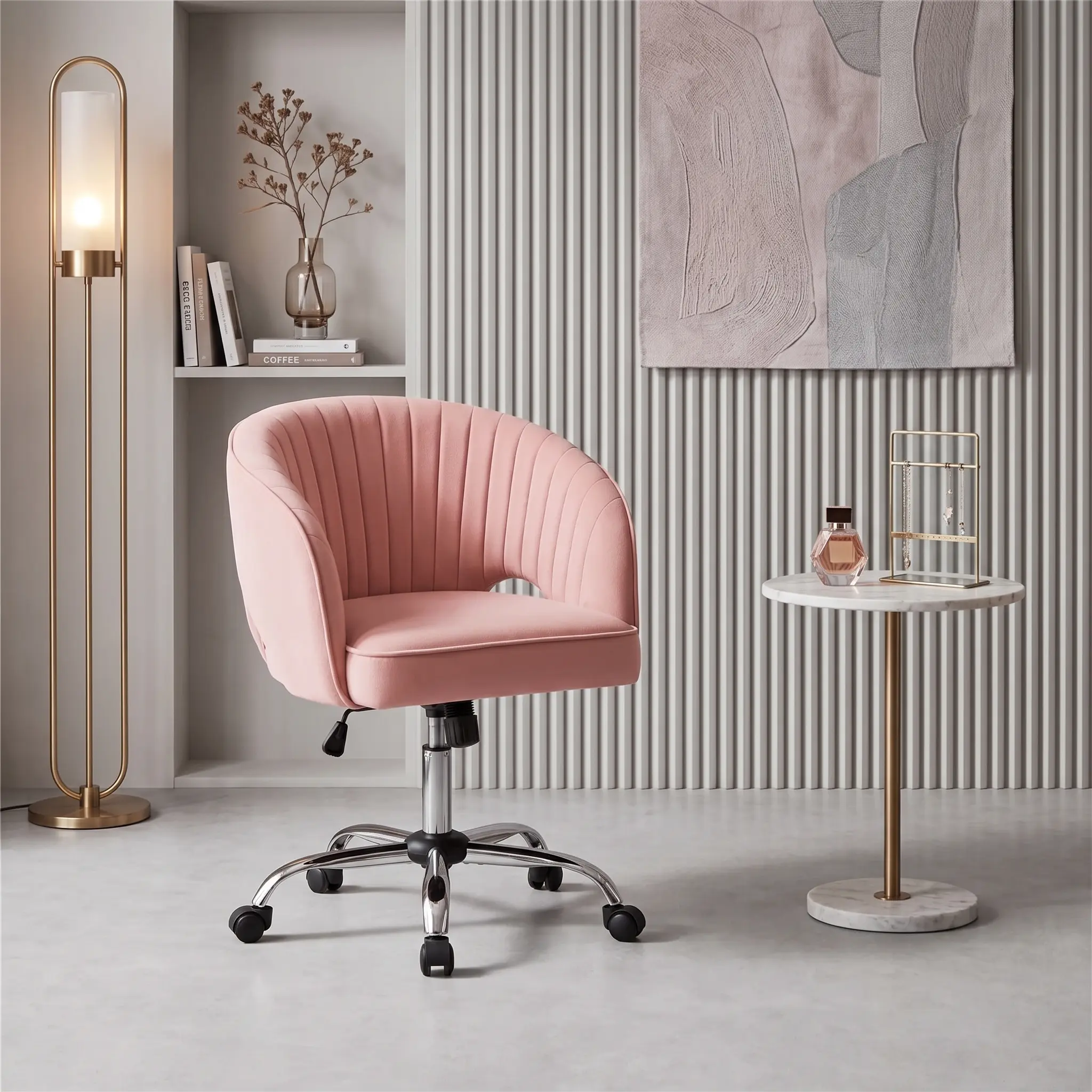 1PC Tufted Barrel Back Velvet Vanity Seat - 360° Swivel Rolling Height-Adjust Rocking Desk Chair with Sloped Armrests, Upholstered Office Accent Piece for Home Office, Cream, 360-Degree Desk Chairs, Armrest Desk Chairs