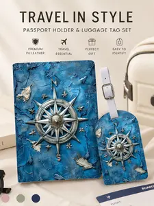 JIT 2Pc set Compass Rose and Nautical Map design Passport Holder luggage tag， lightweight PU material， suitable for travel bags， backpacks， gym bags， luggage ID， boarding passes - a travel esse