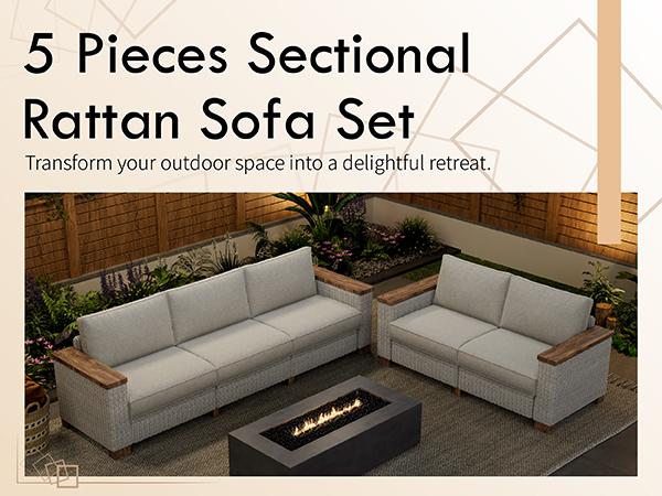 【Ships in 2 Boxes】AMERLIFE Outdoor Patio Furniture Set, Rattan Wicker Sofa Couches Set, Outdoor Sectional Furniture Set with Washable Cushions for Lawn Backyard Garden