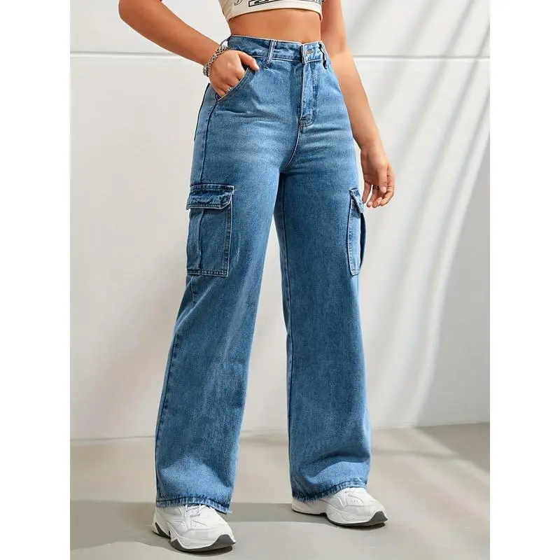 Side Flap Pocket High Waist Denim Cargo Pants, Light Washed Casual Slash Pocket Cargo Jeans, Kpop Y2K, Women's Denim Jeans & Clothing