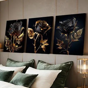 3 Counts Wooden Framed Canvas Painting, Elegant Black And Gold Rose Artwork, Exquisite Poster, Perfect Living Room Decoration, Modern Art, Fashion Family Poster, Wall Art Decoration, Waterproof Art