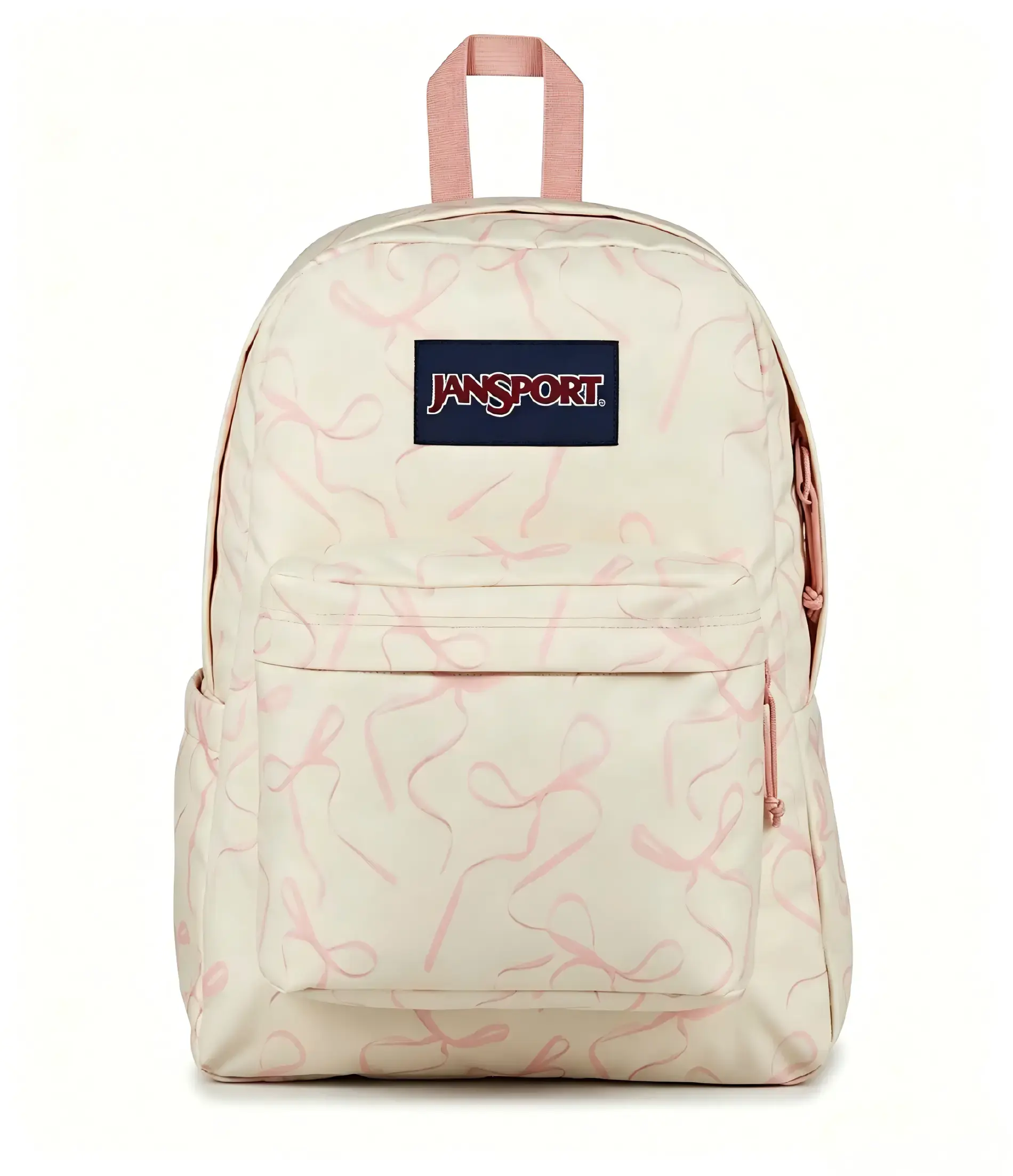 JanSport Lightweight Vintage Backpack - Cream Base with Pink Bow Ribbon Print, Gym Shoulder Bag for Middle-High School Girls, Sports & Outdoor Daily Carry Use