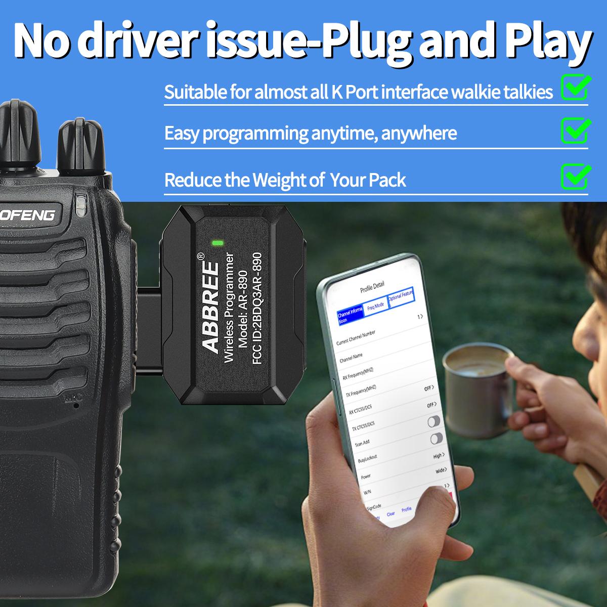 ABBREE Walkie Talkie Programmer, Radio Wireless Phone APP Fast Programming, Replace Programming Cable, Repeater List Import, Suitable for Most Wireless Radios