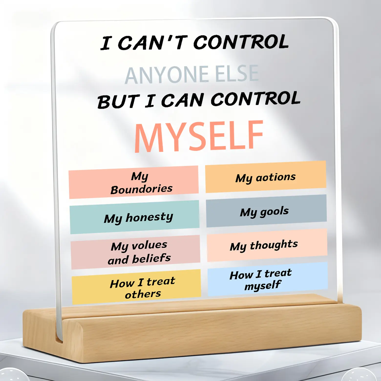 I Can Control Myself Positive Quote Acrylic Desk Sign With Wooden Stand, Mental Health Inspirational Table Decor, Thanksgiving Birthday Gift For Friend Coworker