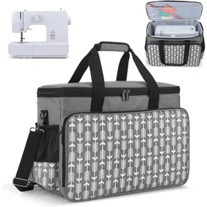 Sewing Machine Carrying Case with Thicken Bottom Board, Universal Sewing Machine Tote Compatible with Most Standard Sewing Machine and Accessories,Gray with Arrow