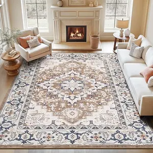7x10 Area Rugs for Living Room, Washable Area Rug, Rugs for Bedroom, Kitchen, Vintage Boho Carpet, Soft Non-Slip, Low Pile Large Area Rug for Office Dining Room, Floral Brown