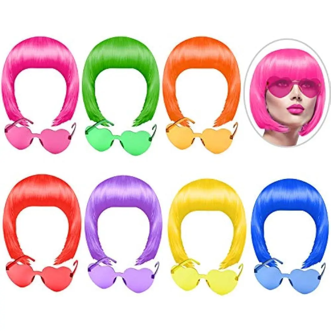 14-Piece Party Wig & Sunglasses Accessories Set - Neon Short Bob Wigs, Heart-Shaped Glasses with Adjustable Net Caps, Reusable, Comfortable for Bachelorette Party, Cosplay, Valentine's Day Gift (7 Vibrant Colors)
