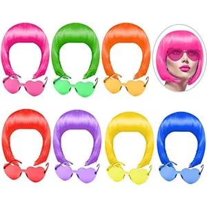 14-Piece Party Wig and Sunglasses Set - Neon Short Bob Wigs & Heart-Shaped Glasses for Bachelorette Party, Cosplay, and Everyday Use - 7 Vibrant Colors, Adjustable Net Caps, Reusable & ComfortableValentine's Day, gift