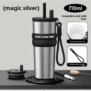 Cute Heart Charm Insulated Tumbler, 710ML Trendy Water Bottle, Telescopic Straw Tumbler, Ceramic Coated Inner for Hot & Cold Drinks