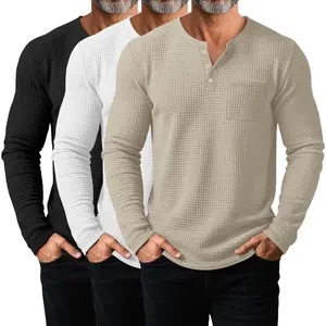 Men's waffle Henry long sleeved warm shirt, casual regular style underwear with pocket pullover(Raincoats)