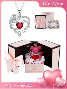 Mother's Day Gift Rose Heart Mom Birthstone Heart Pendant Necklace With Bear Rose Jewelry Gift Box, Exquisite Jewelry Gift, I Love You Mom Necklace