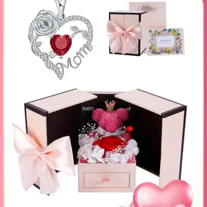 Mother's Day Gift Rose Heart Mom Birthstone Heart Pendant Necklace With Bear Rose Jewelry Gift Box, Exquisite Jewelry Gift, I Love You Mom Necklace