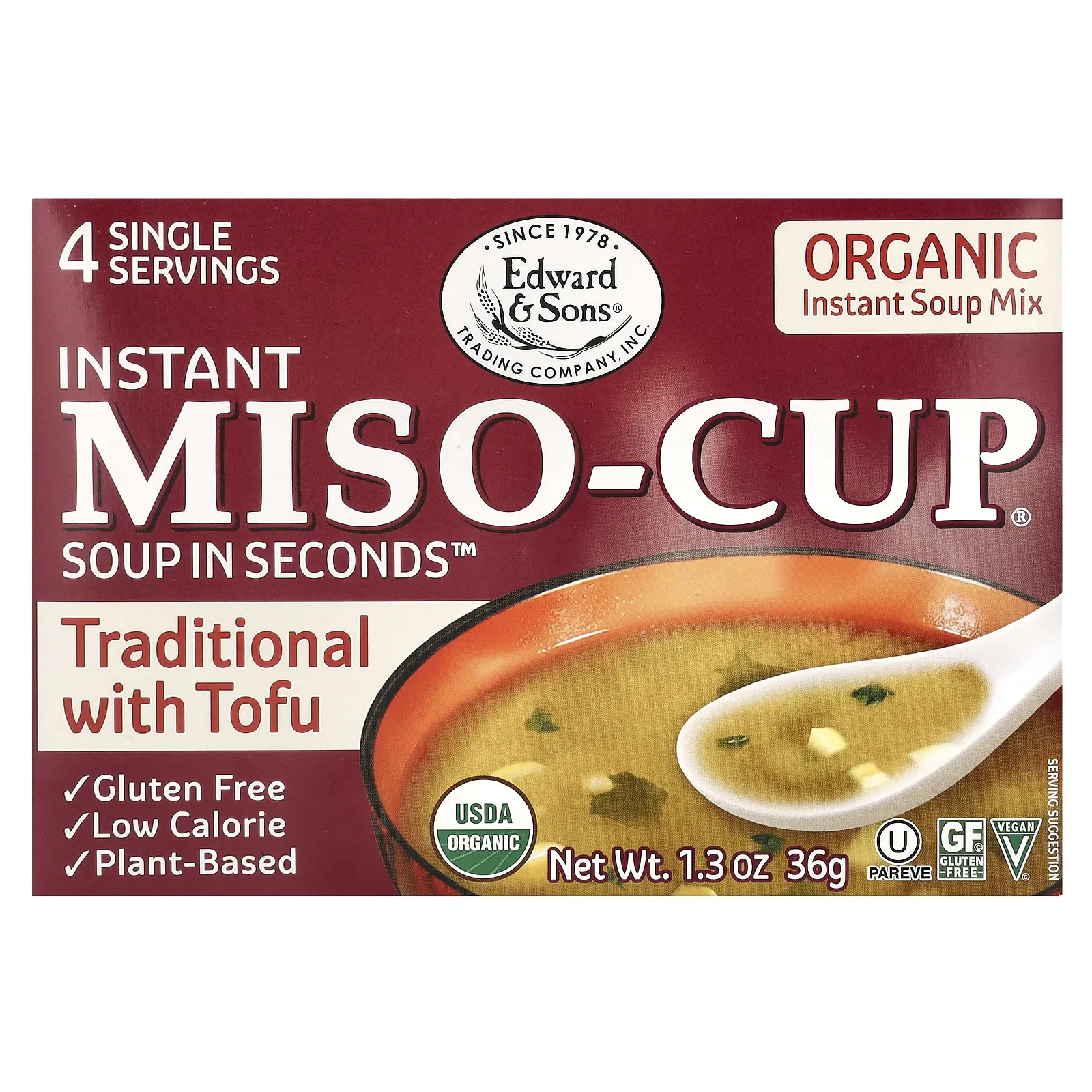 Edward & Sons Instant Miso-Cup, Traditional with Tofu, 4 Single Servings, 1.3 oz (36 g)