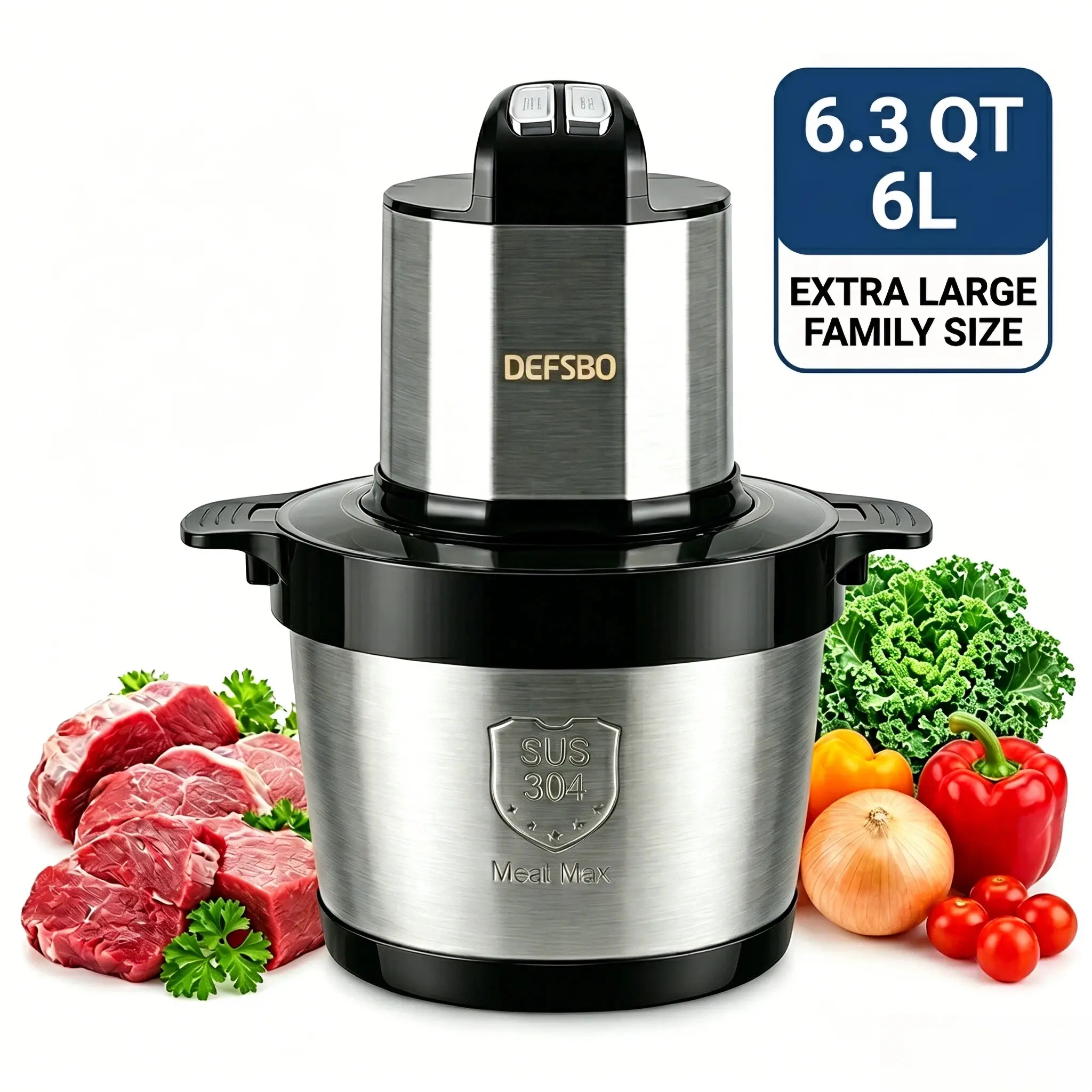 DEFSBO 6.3 QT Electric Meat Grinder, 6L Extra Large Food Processor for Kitchen, 3-Speed Stainless Steel Meat Chopper with 1000W Peak Motor, Dishwasher Safe for Meat, Vegetables, Garlic and Nuts