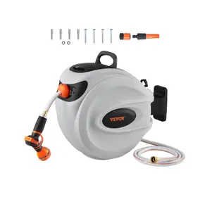 VEVOR Retractable Hose Reel, 65 ft, 180° Swivel Bracket Wall-Mounted, Garden Water Hose Reel with 9-Pattern Nozzle, Automatic Rewind