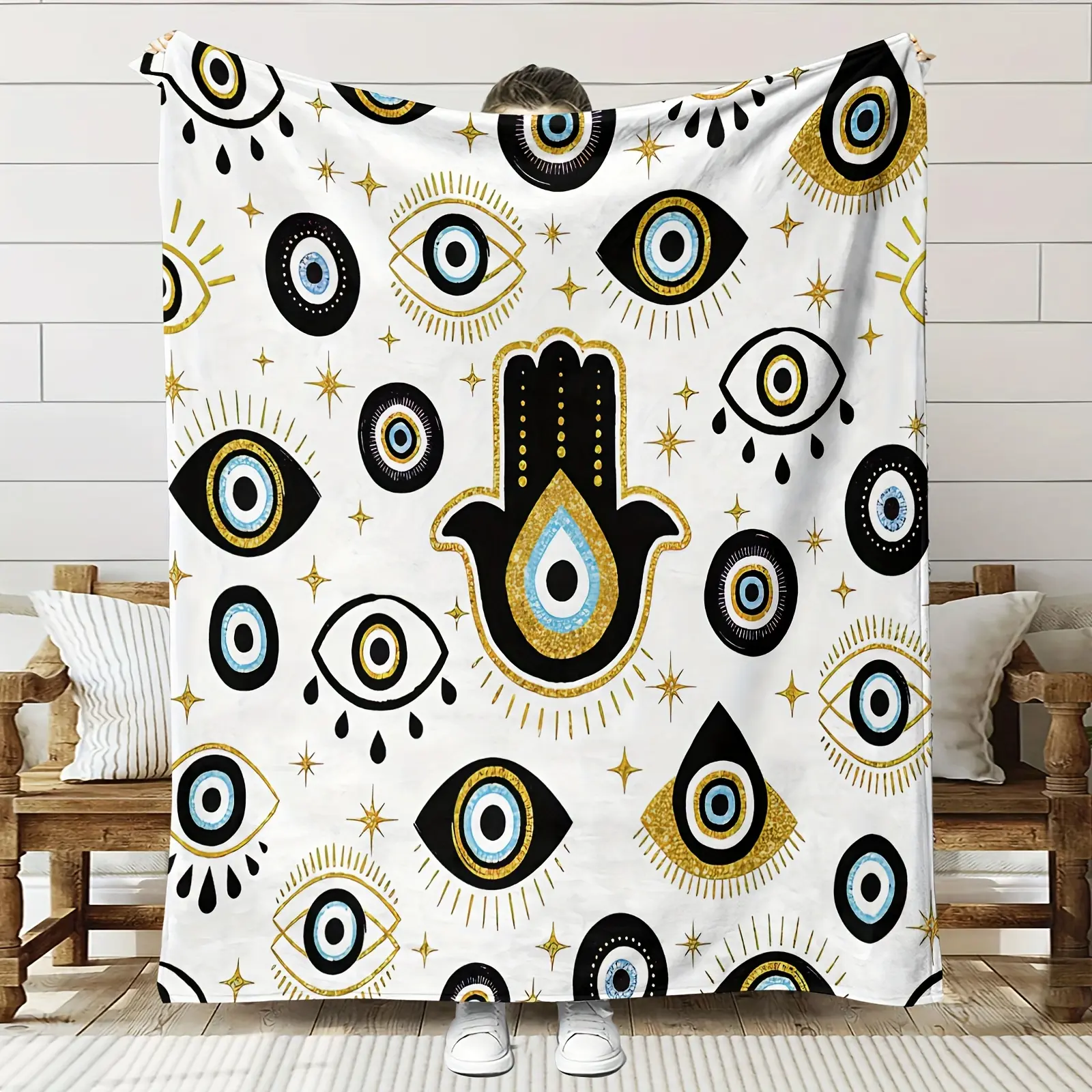Modern Printed Flannel Blanket - Eye and Hamsa Hand Design, Breathable All-Seasons, Durable Tear-Resistant, Soft Warm Cozy Aesthetic, Ideal for Sofas & Beds, Christmas Gift for Contemporary Home Decor