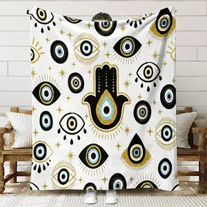 Modern Printed Flannel Blanket - Eye and Hamsa Hand Design, All-Season Tear-Resistant, Soft Warm Comfortable, Ideal for Sofas, Beds, Gifting - Christmas and Birthday Gift Option